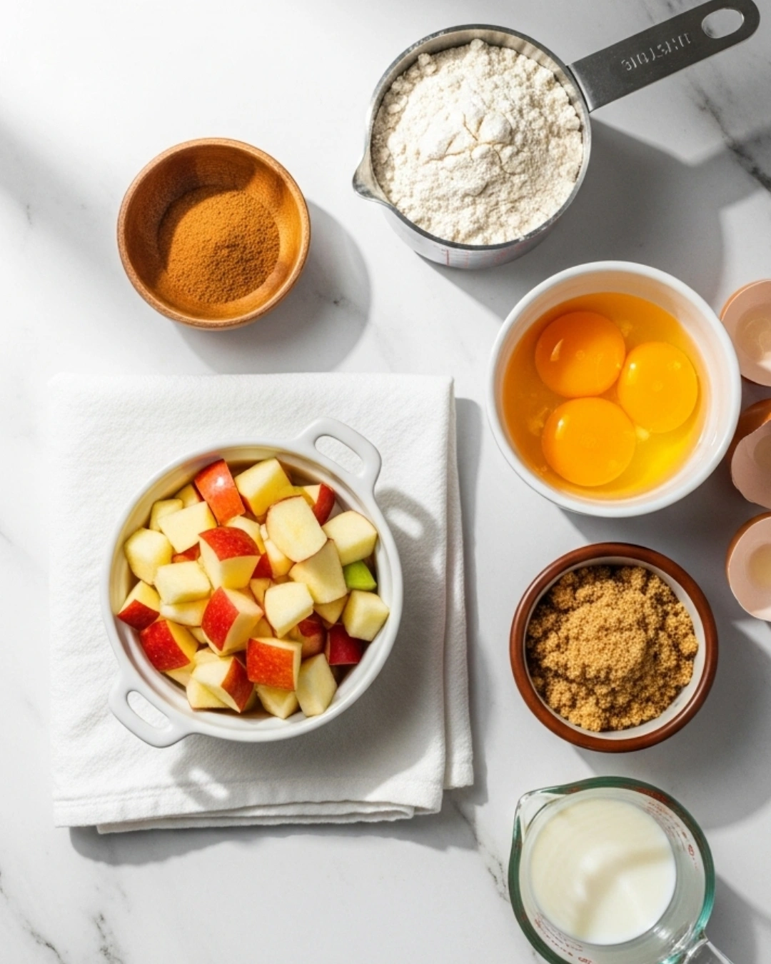Ingredients for Amish Apple Fritter Bread on marble surface