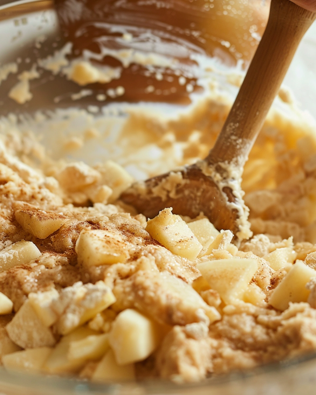 Mixing apple fritter bread batter with cinnamon and apples