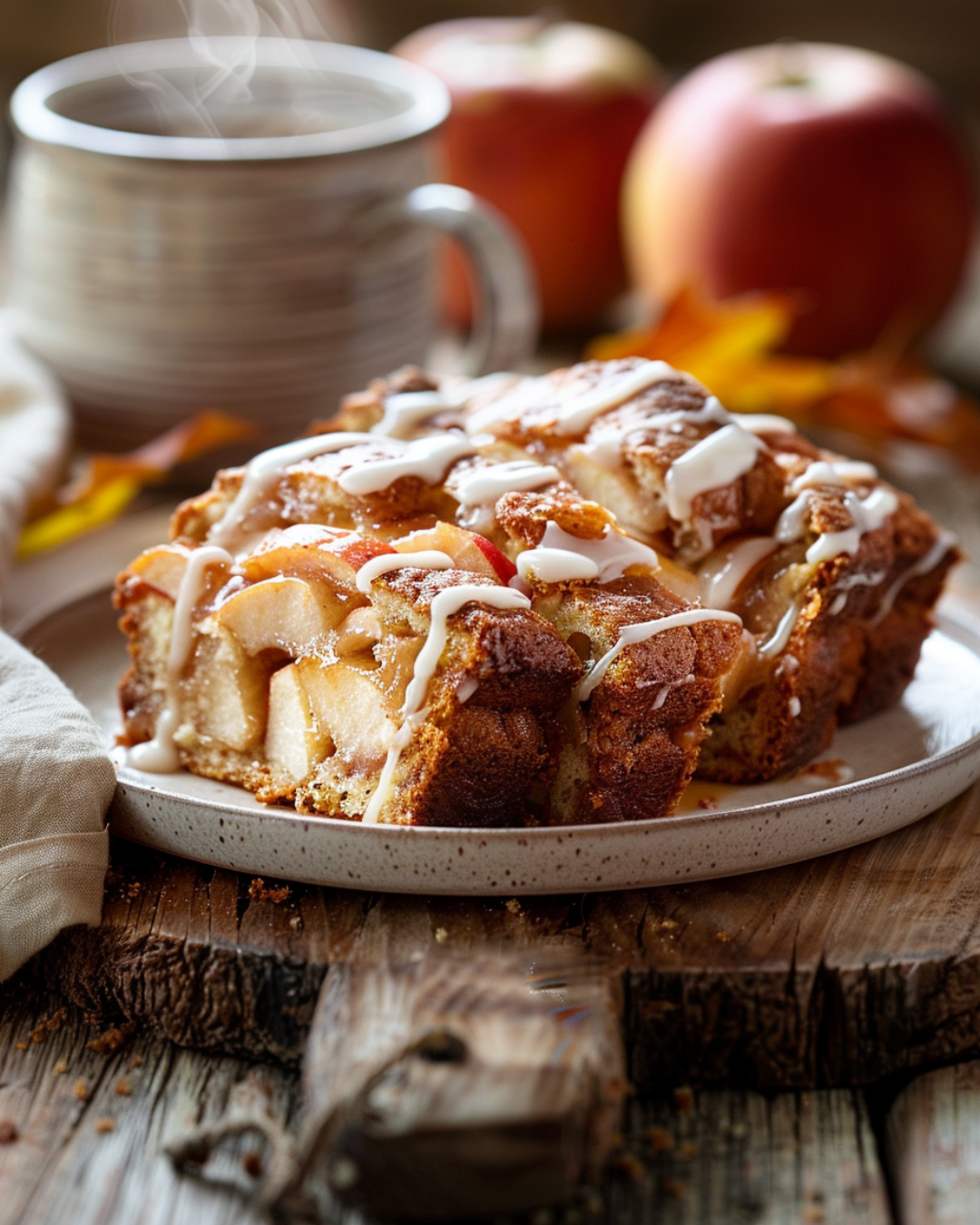 Slice of glazed Amish Apple Fritter Bread with coffee