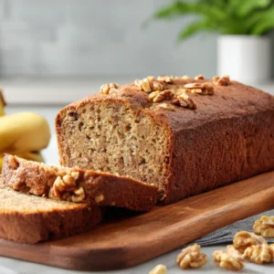 Banana Walnut Bread loaf sliced in modern kitchen