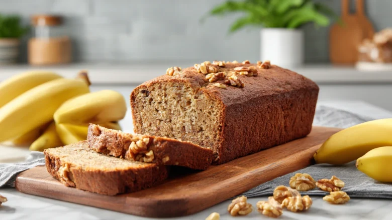 Banana Walnut Bread loaf sliced in modern kitchen