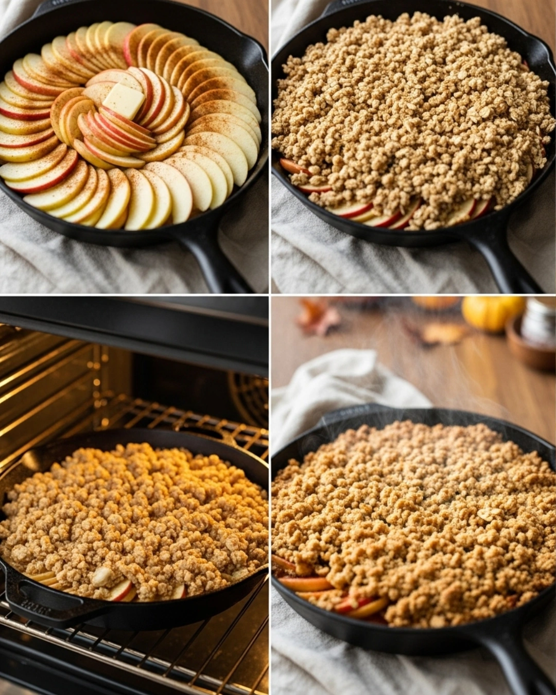 Step-by-step layering of apples and oat topping in skillet