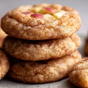 Soft chewy apple snickerdoodles stacked on a plate with cinnamon sugar coating