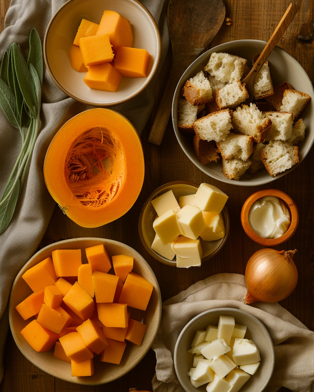 Butternut Squash & Sage Stuffing ingredients on a rustic kitchen table