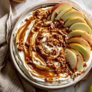 creamy caramel apple dip with apples and skor bits