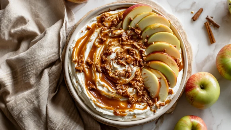 creamy caramel apple dip with apples and skor bits