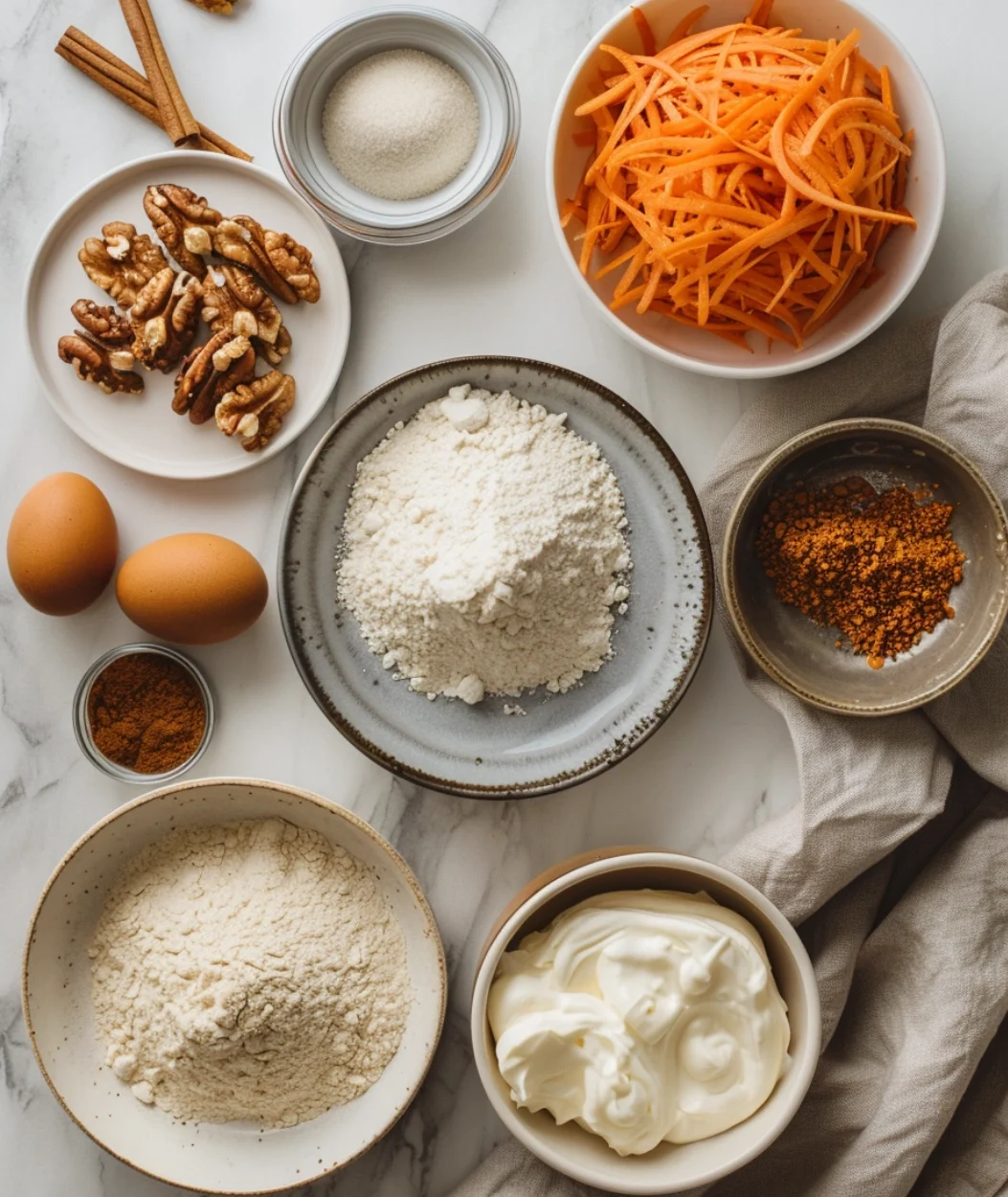 Ingredients for Carrot Cake Loaf on marble counter