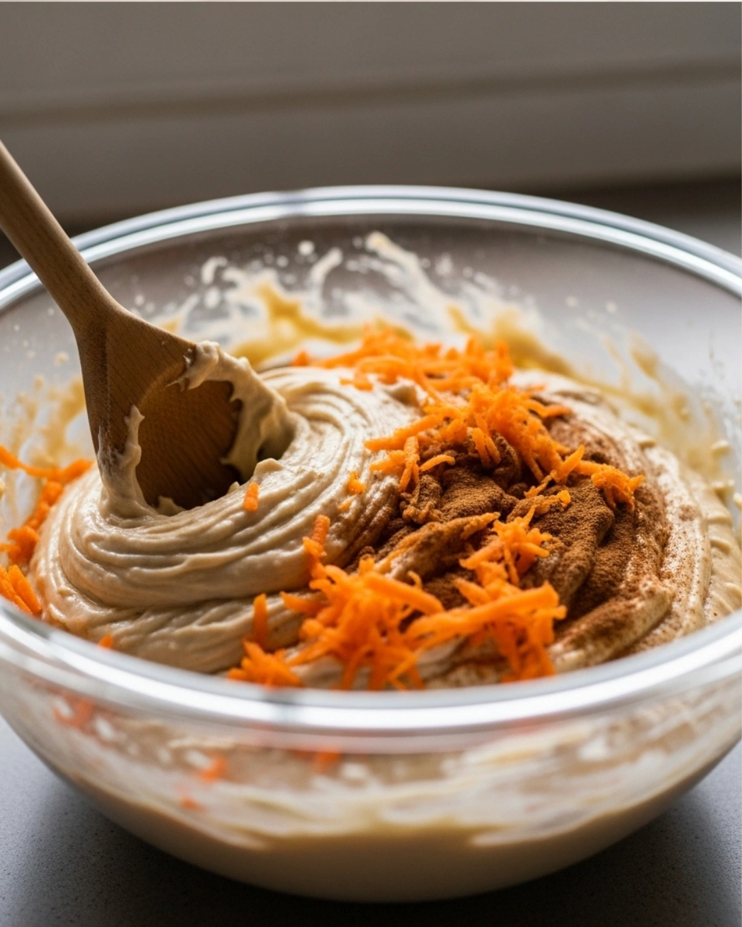 Mixing carrot cake loaf batter with grated carrots and spices