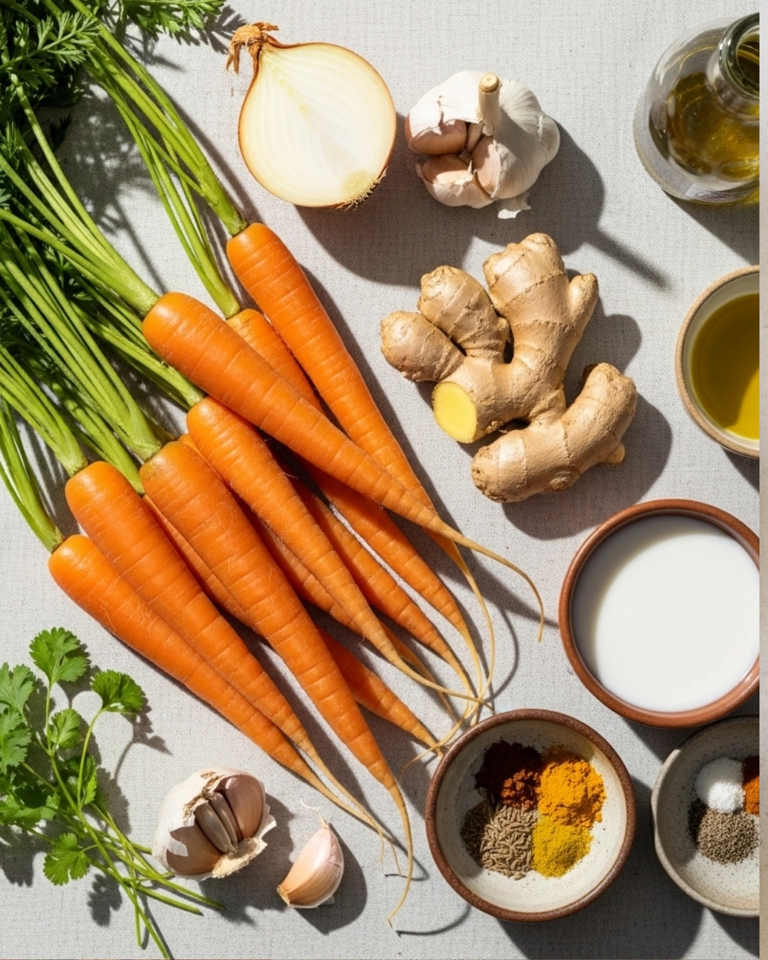 Ingredients for Carrot Ginger Soup arranged on wooden board