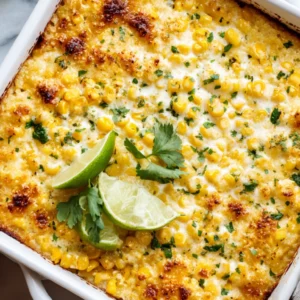 Cheesy Street Corn Chicken Casserole baked golden with cilantro garnish