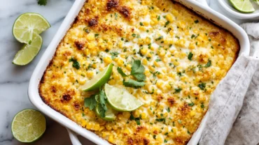 Cheesy Street Corn Chicken Casserole baked golden with cilantro garnish