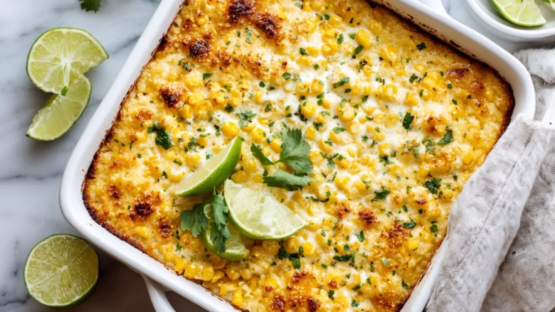 Cheesy Street Corn Chicken Casserole baked golden with cilantro garnish