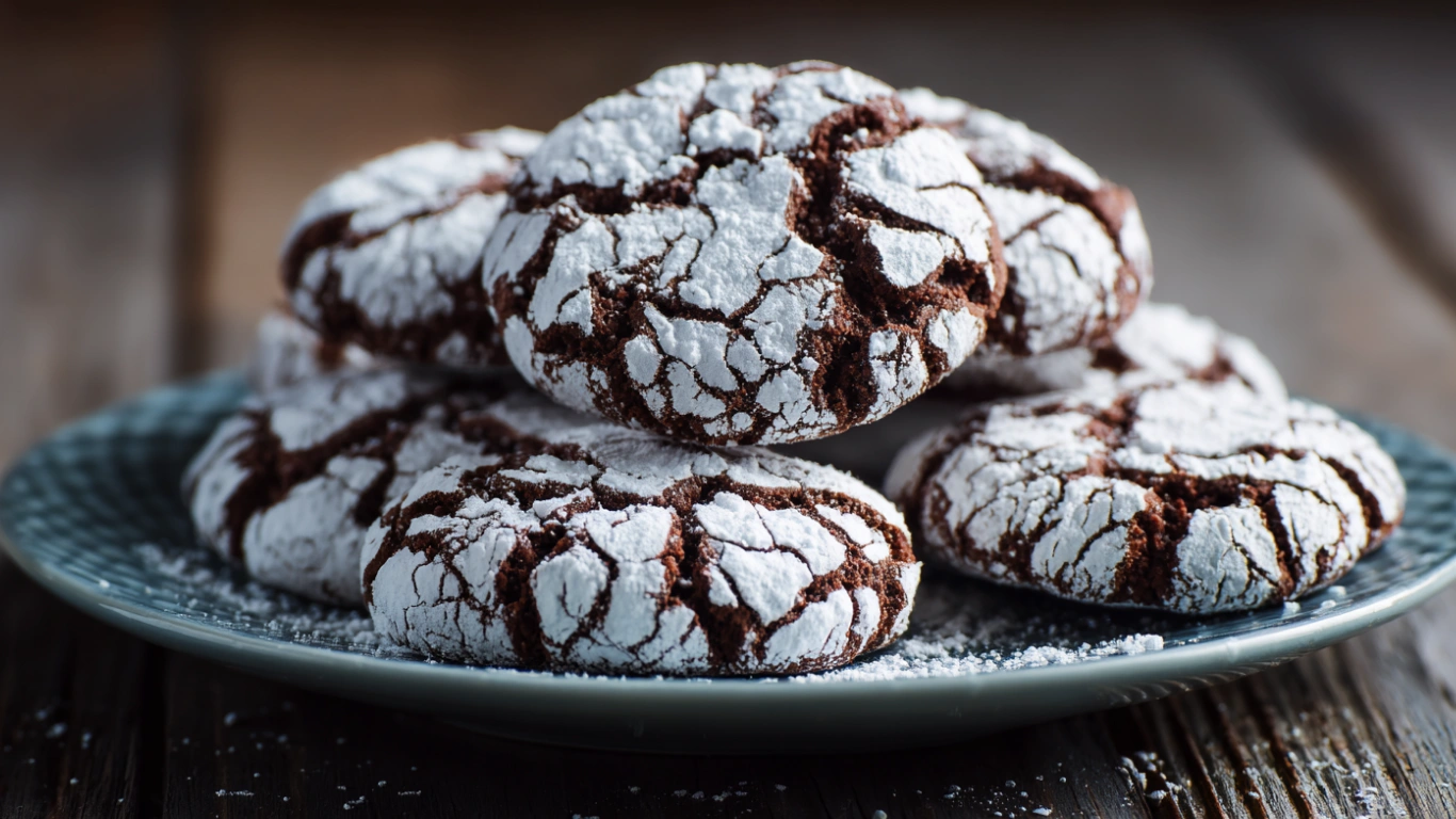 Chocolate Crinkle Cookies – 7 Secrets for Perfect Results 6 chocolate crinkle cookies on a plate