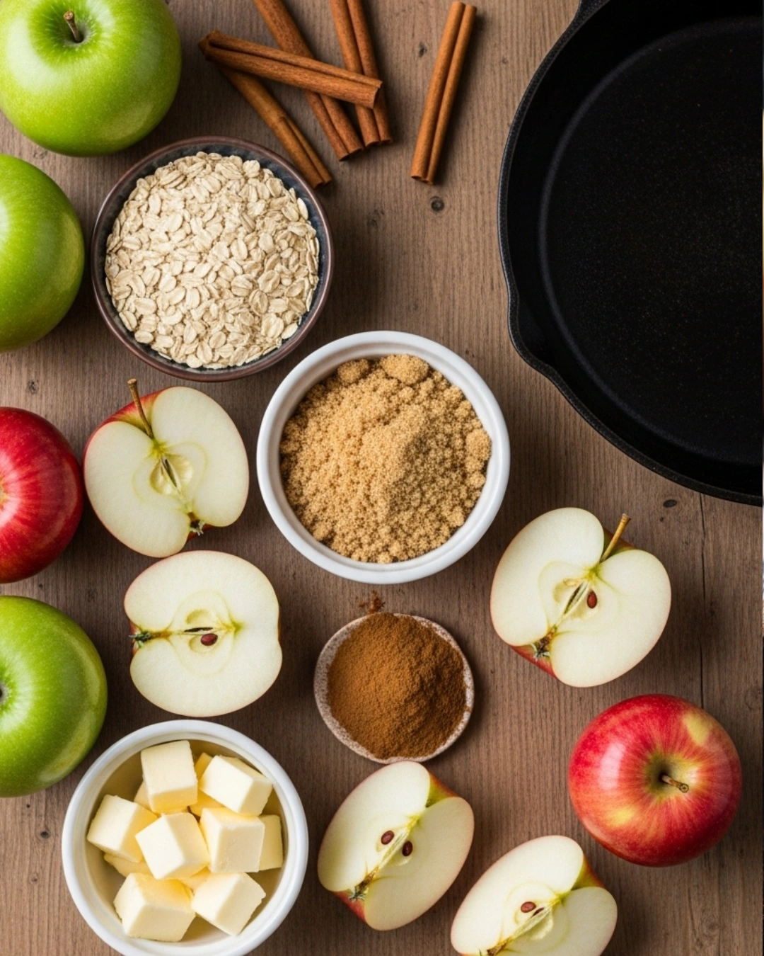 Ingredients for cinnamon apple crisp recipe in rustic kitchen setting