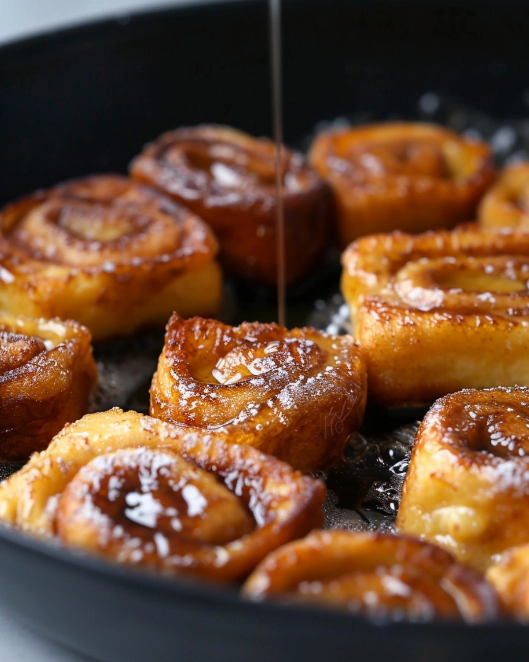Cinnamon Roll French Toast Bites frying in a buttered pan