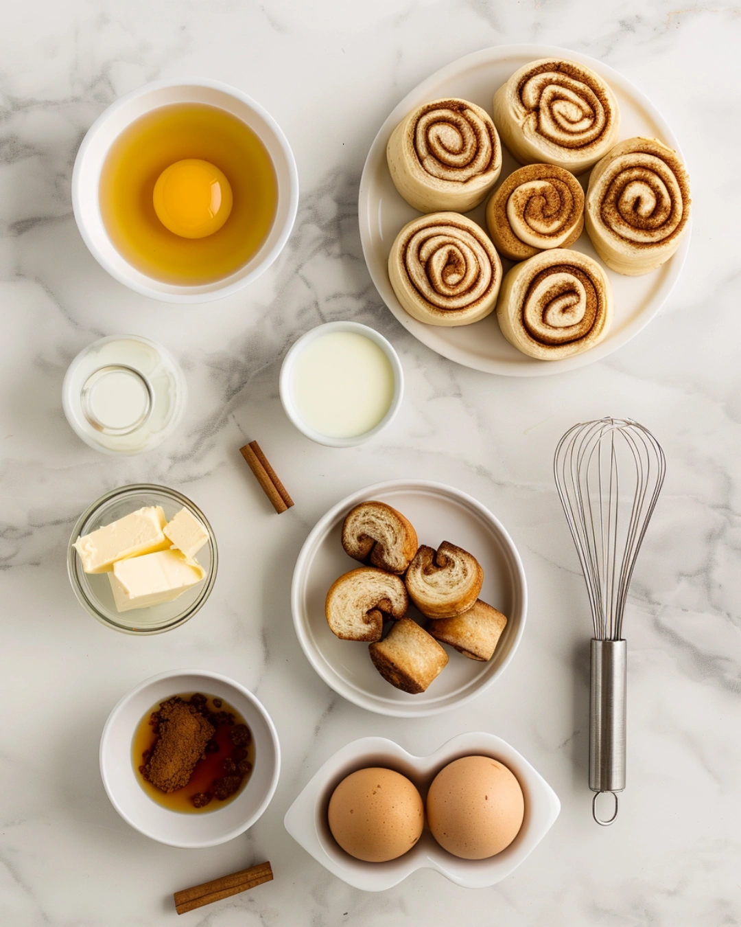 Ingredients for Cinnamon Roll French Toast Bites on marble surface