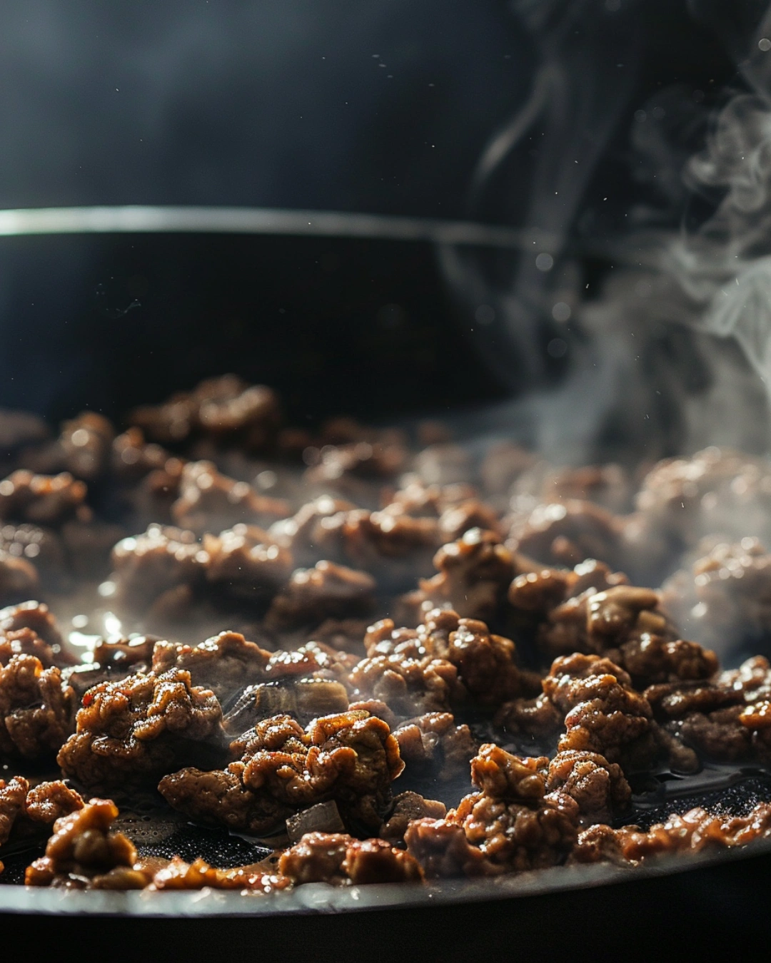 Ground Beef Bowl cooking in skillet with soy glaze