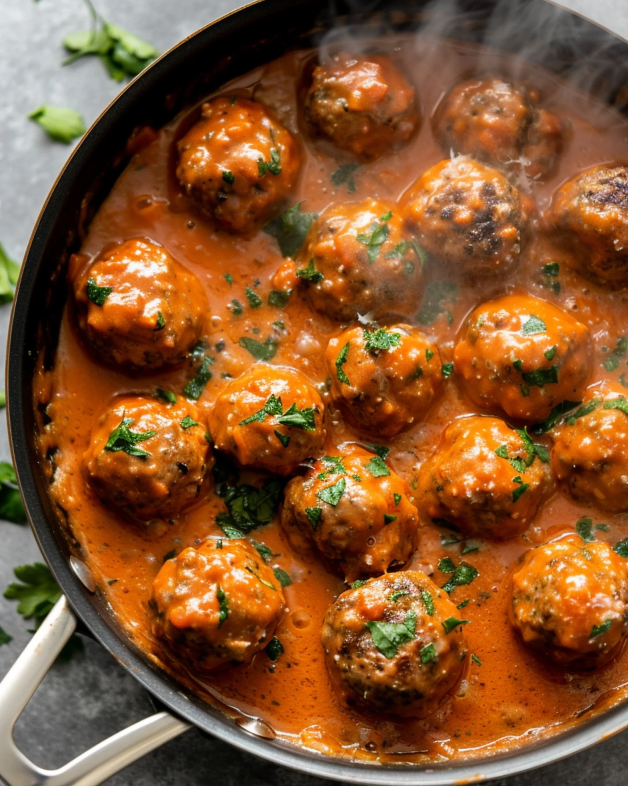 cooking marry me meatballs in skillet with sauce