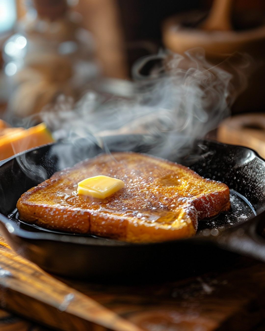 Cooking Fall Pumpkin French Toast in skillet with butter