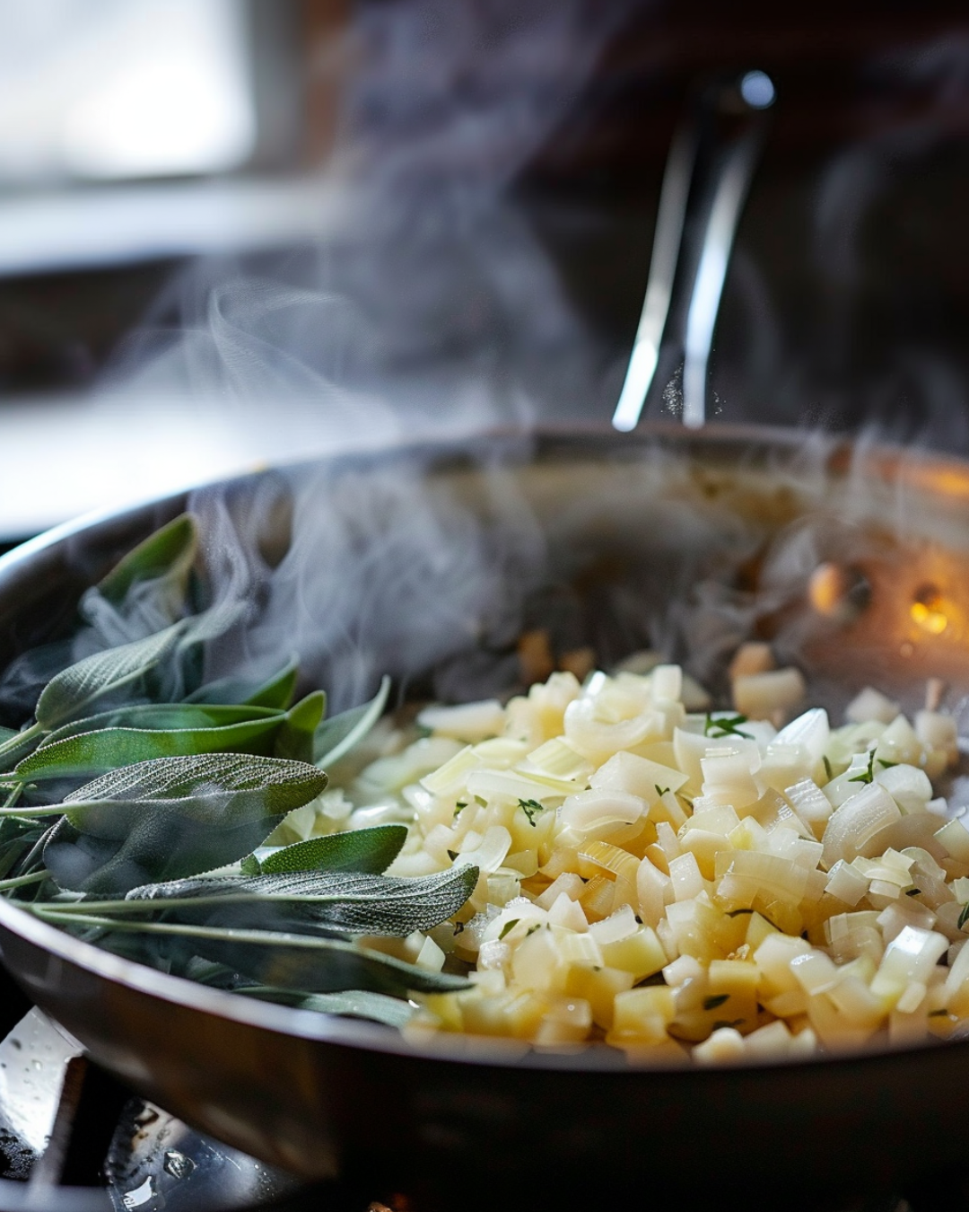Cooking pumpkin sage bisque base in skillet