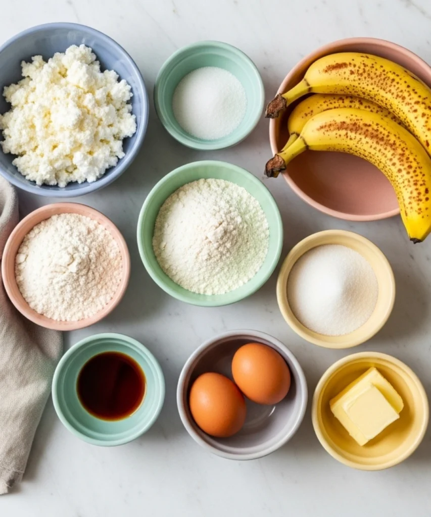Ingredients for Cottage Cheese Banana Bread on marble counter