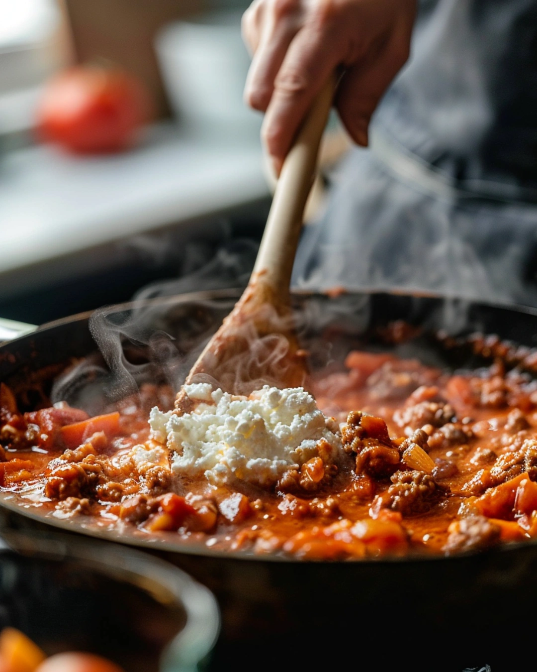 Stirring cottage cheese into lasagna skillet sauce