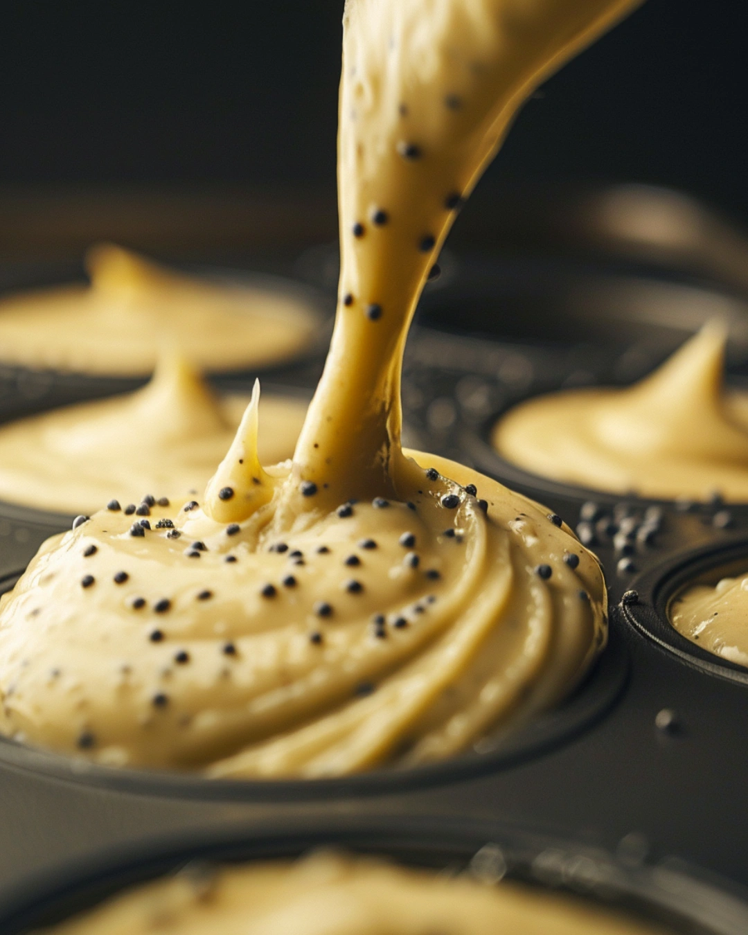 Muffin batter for Cottage Cheese Lemon Poppy Seed Muffins in pan