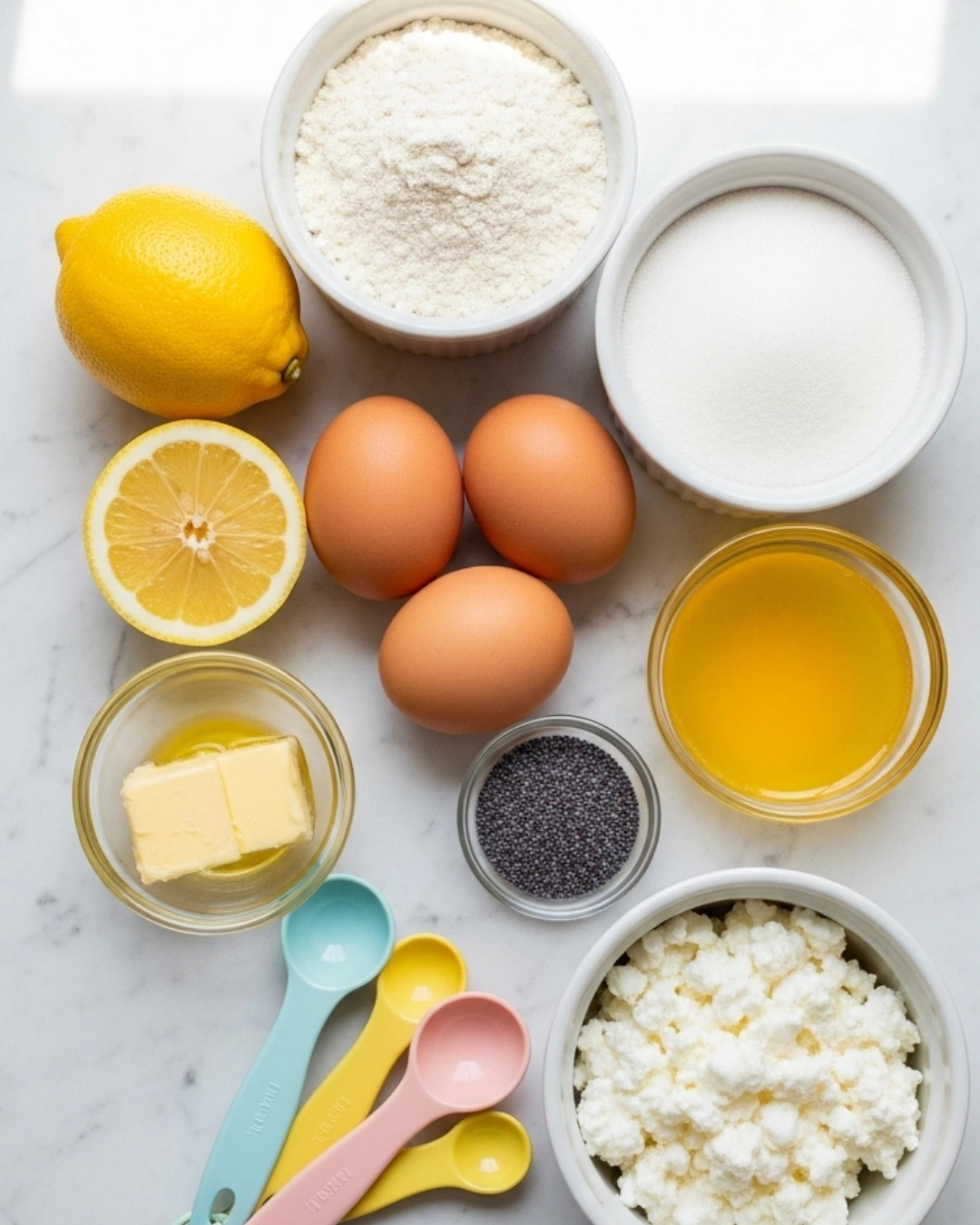Ingredients for Cottage Cheese Lemon Poppy Seed Muffins on marble counter