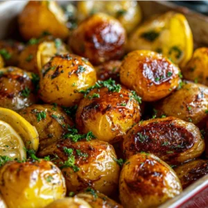 cowboy butter roasted potatoes on baking sheet with parsley and lemon