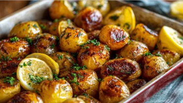cowboy butter roasted potatoes on baking sheet with parsley and lemon