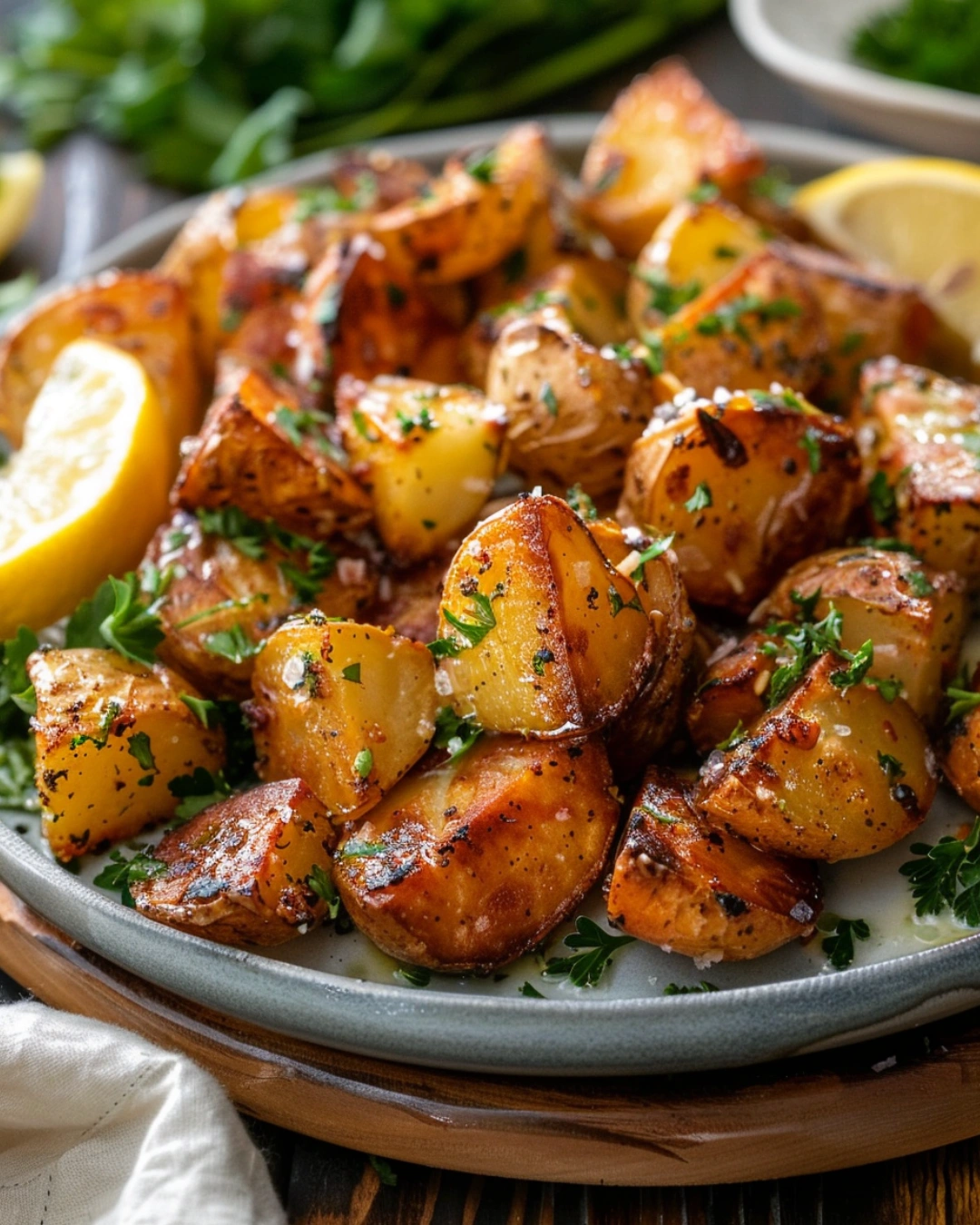 cowboy butter roasted potatoes served with herbs and lemon