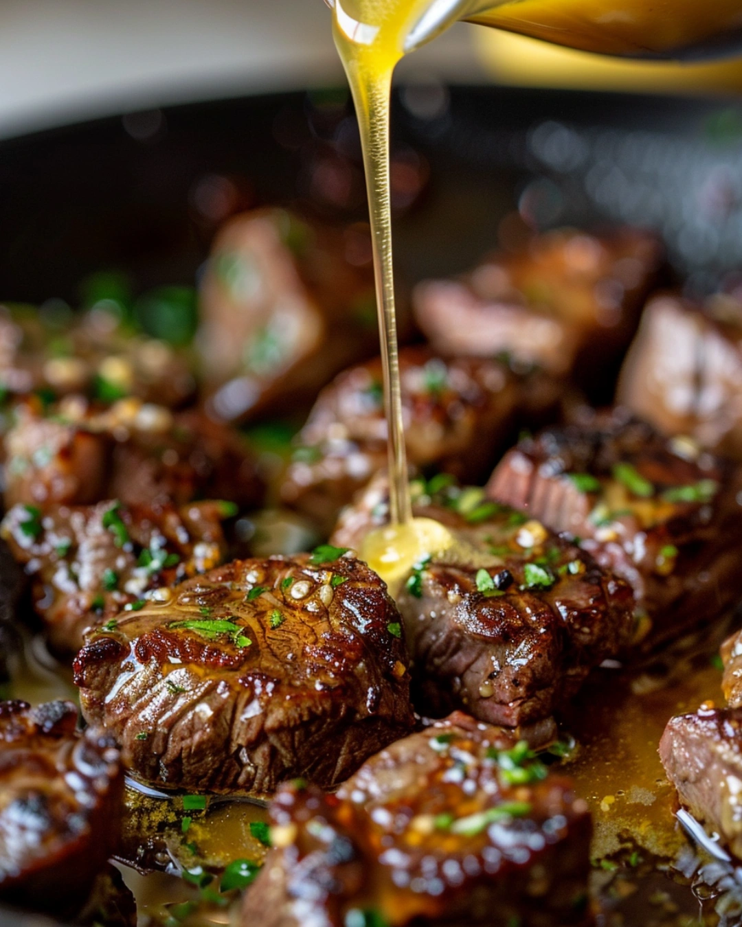 Cowboy butter sauce poured over seared steak bites in skillet