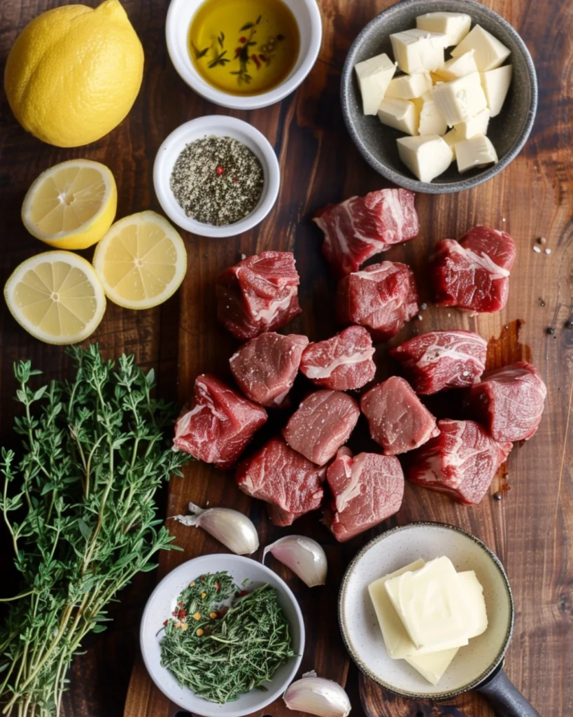 Cowboy Butter Steak Bites ingredients flat lay with butter, herbs, and steak cubes