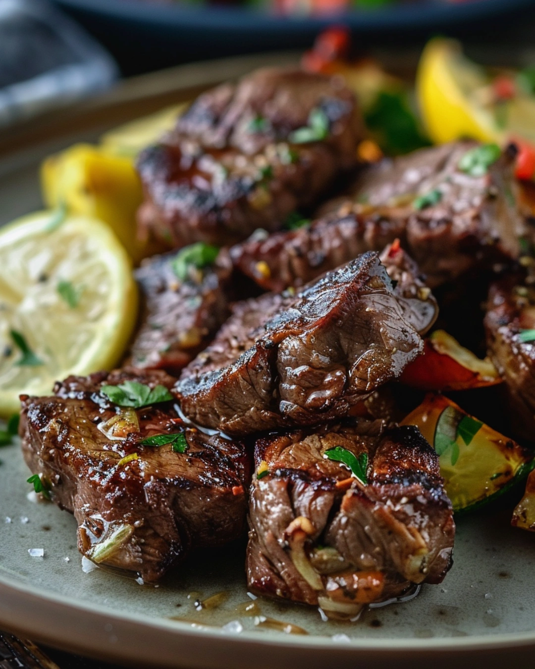 Plated Cowboy Butter Steak Bites with herbs and lemon