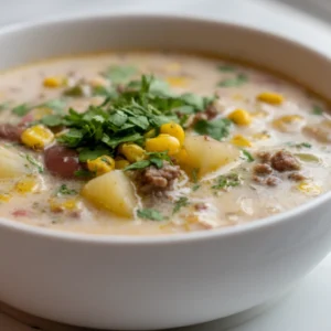 creamy cowboy soup in modern white bowl