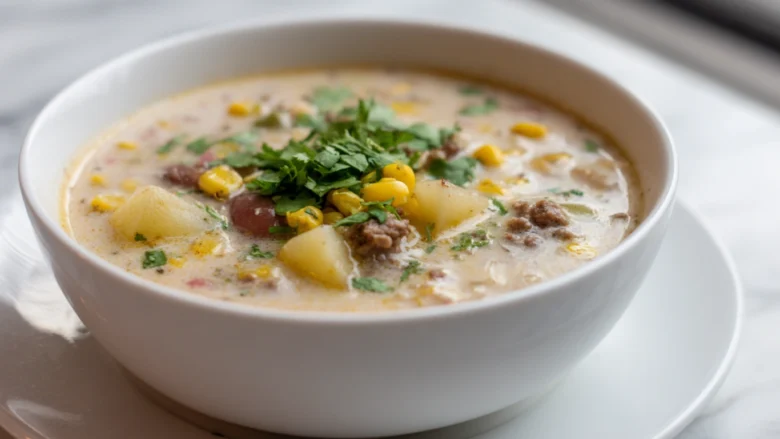 creamy cowboy soup in modern white bowl