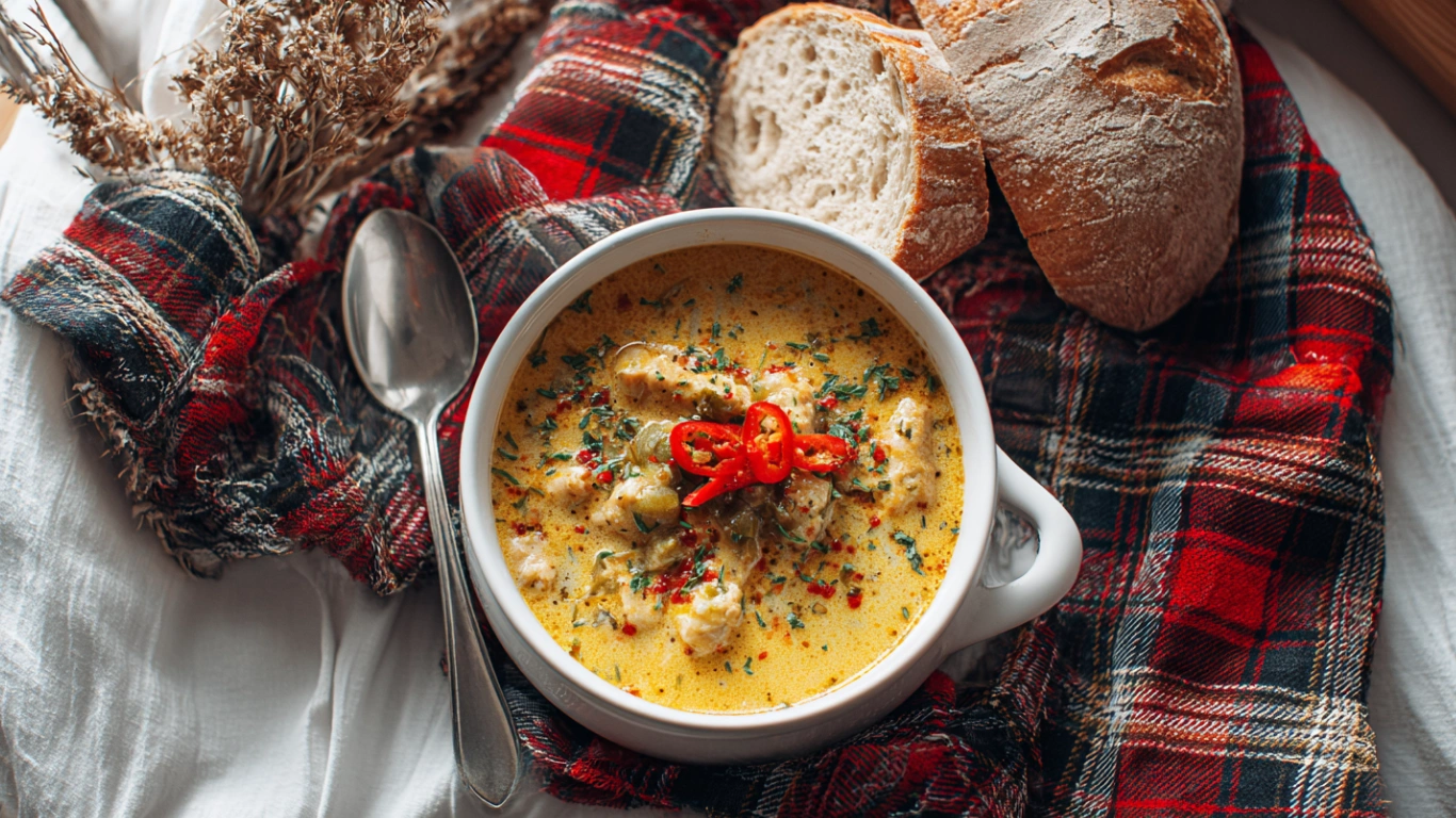 Spicy Jalapeño Popper Chicken Soup – Creamy & Flavorful Comfort Food 2 Steaming bowl of spicy chicken soup with jalapeños and cheddar on a wooden dining table, bright modern kitchen in the background.