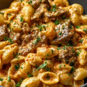 creamy paprika steak shells served in modern kitchen