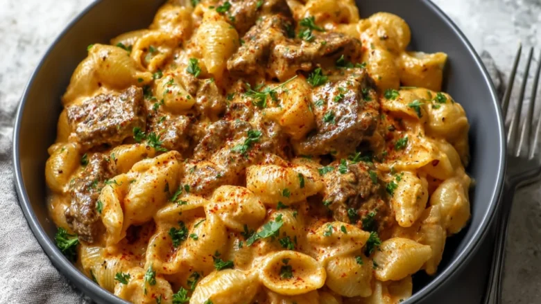 creamy paprika steak shells served in modern kitchen