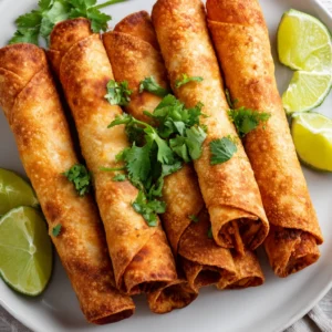 Crispy chicken taquitos on plate in home kitchen