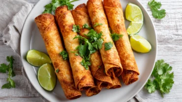 Crispy chicken taquitos on plate in home kitchen