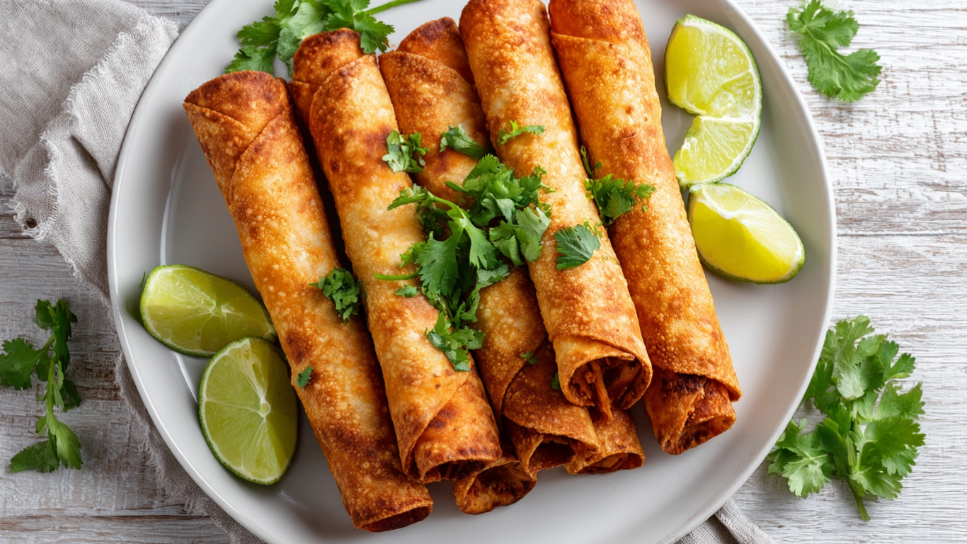 Crispy Chicken Taquitos – 5-Star Irresistible Crunch 4 Crispy chicken taquitos on plate in home kitchen