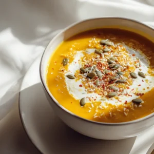 Curried pumpkin and red lentil soup in modern kitchen