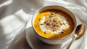 Curried pumpkin and red lentil soup in modern kitchen