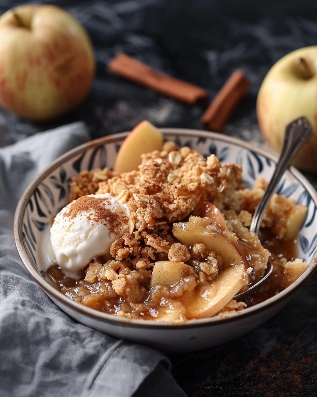 Serving cinnamon apple crisp with ice cream in a bowl