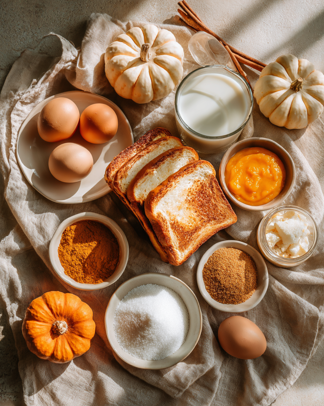 Ingredients for Fall Pumpkin French Toast arranged on wooden table
