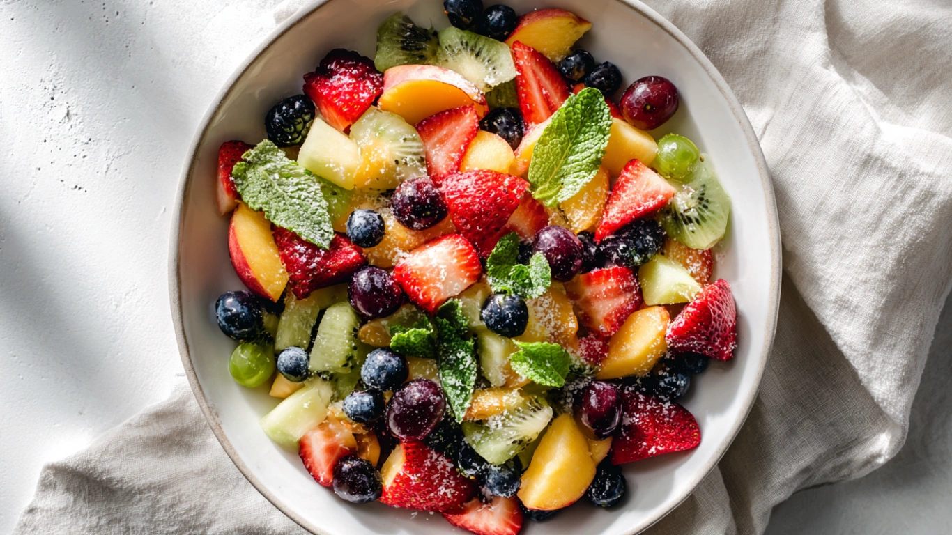 Fruit Salad with Peaches – 7 Expert Tips for a Stunning Result 1 Modern fruit salad with peaches in white bowl