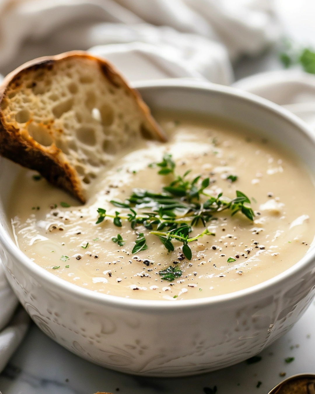 Bowl of garlic herb potato soup with bread