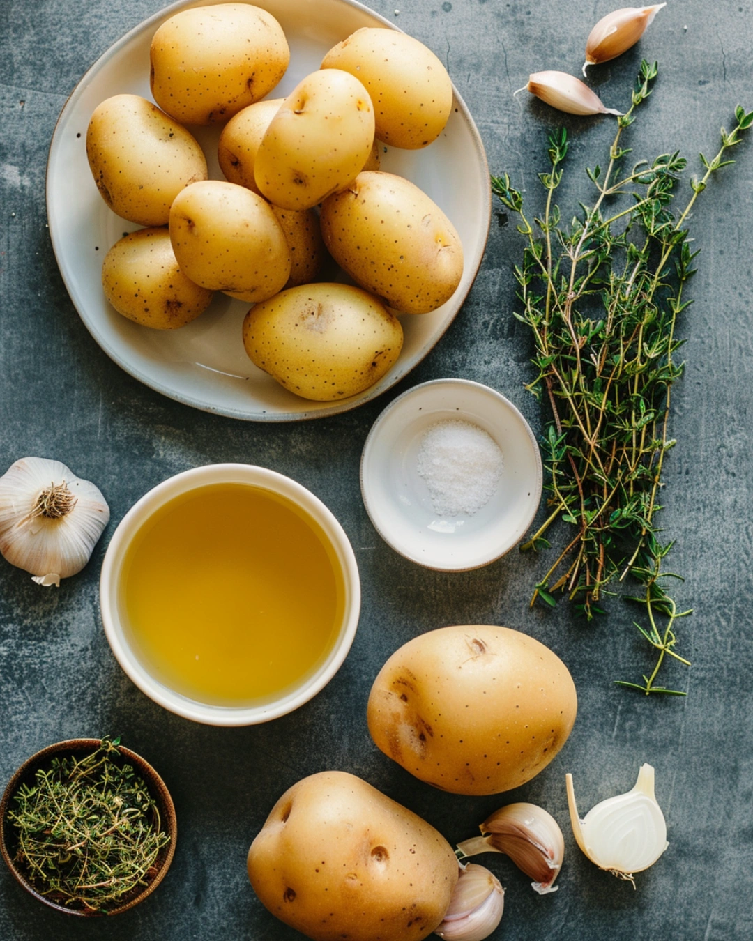 Fresh potatoes, garlic, herbs, and broth ingredients