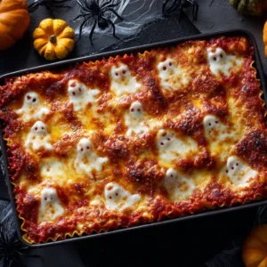 Ghostly Lasagna topped with ghost-shaped mozzarella in a baking dish